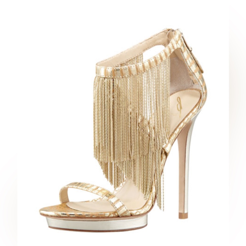 B Brian Atwood Golden Chain Fringe Tassel Platform Heels Size 5